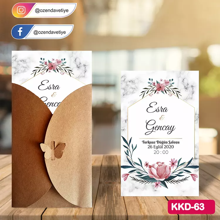 ozen-davetiye-Düğün Davetiyesi - Kelebekli Kraft Zarflı Davetiye Model No:63